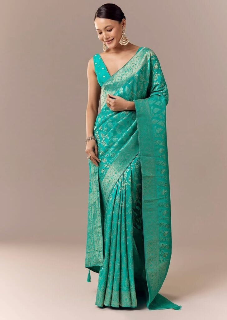 buy turquoise dola silk saree with floral jaal weave kalki fashion usa