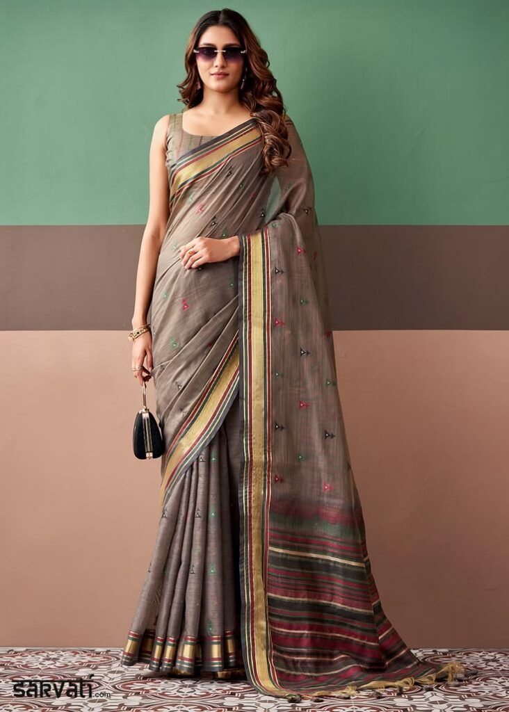 cedar brown cotton saree rich zari weave & allover butti design