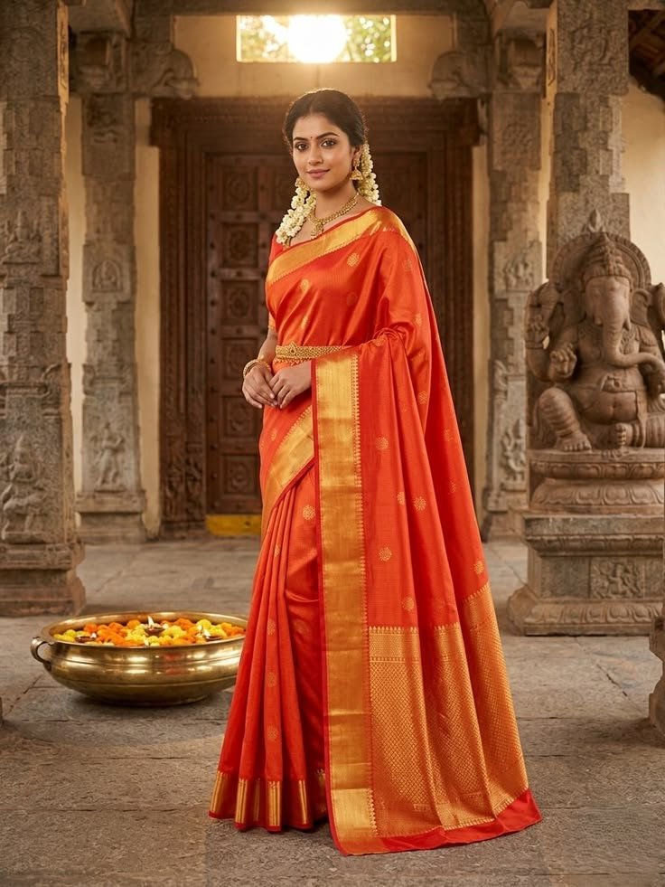 chilly red kanjivaram silk saree handloom 2g gold zari, small border, silk mark certified