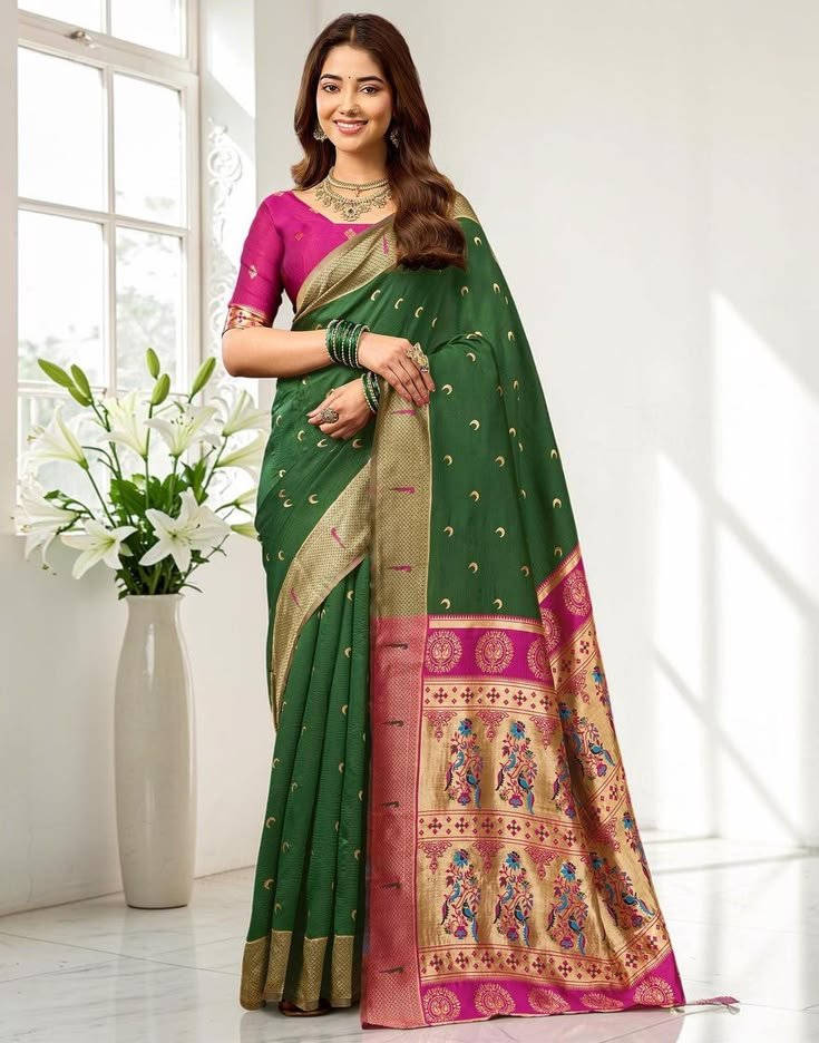 dark green silk paithani saree, pink golden zari border, traditional indian wedding wear