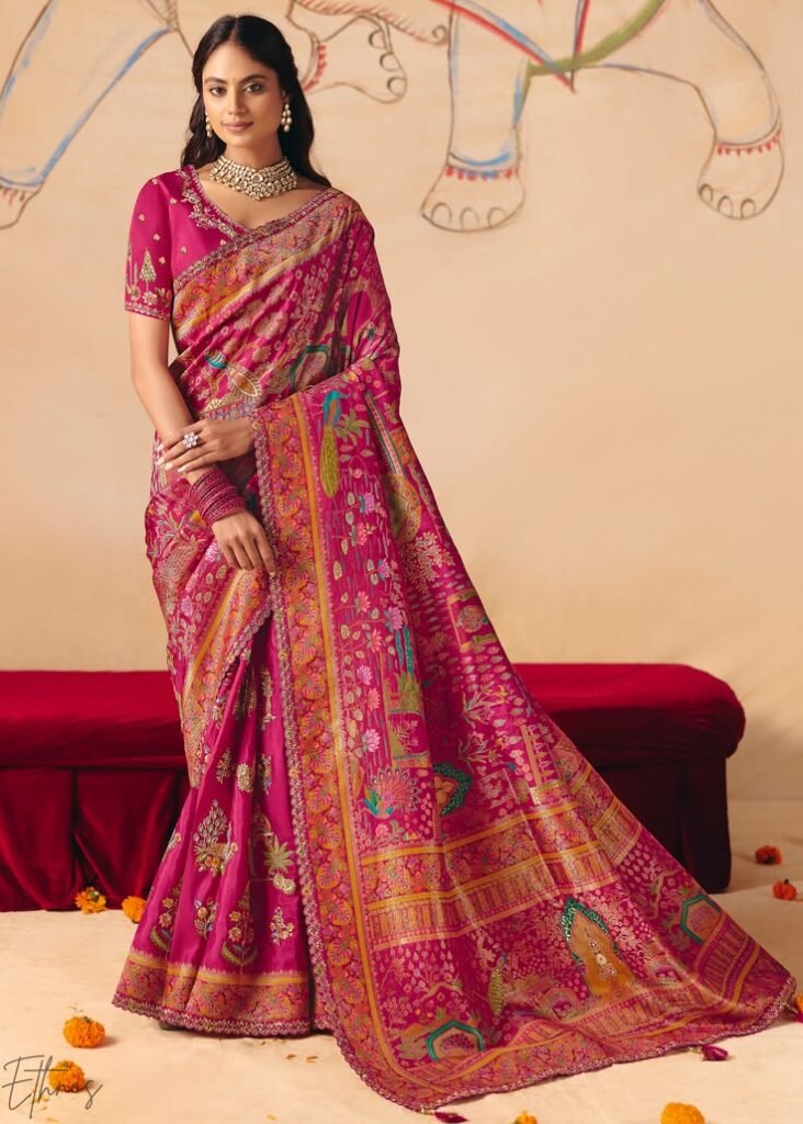 deep pink kalamkari dola silk saree