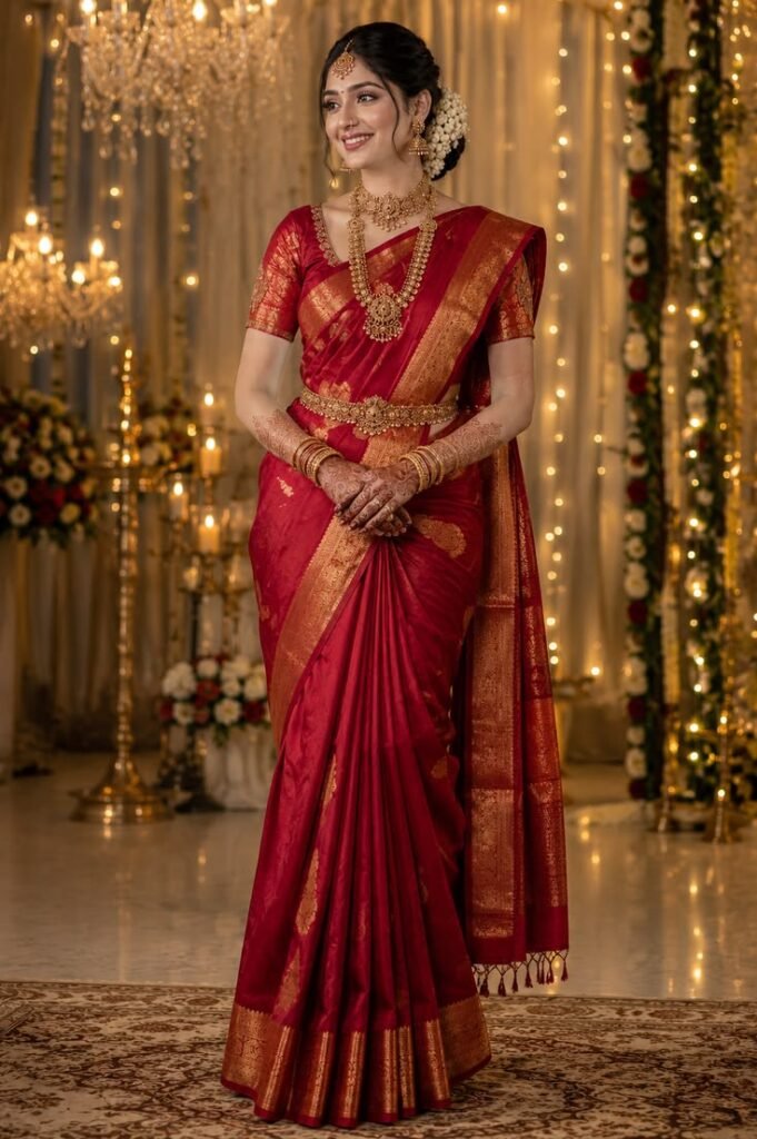 elegance in red traditional kanjivaram silk saree bridal look ✨