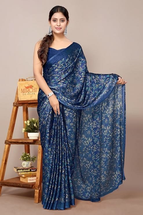 elegant navy blue floral chiffon saree for office, parties & special occasions