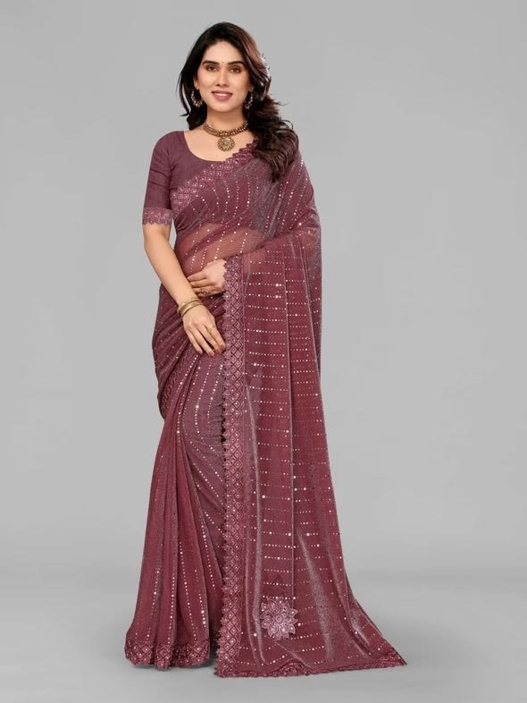 houseofcommon embellished bollywood lycra blend saree (maroon)