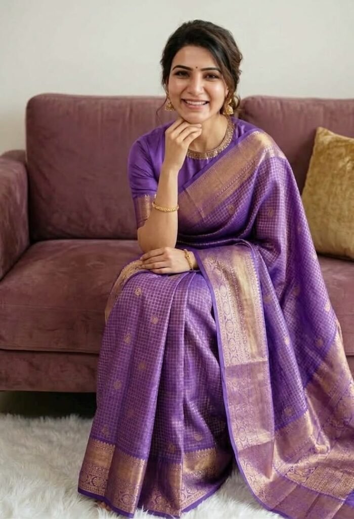 kanchipuram silk saree with gold zari butti and checks, royal purple (ready to wear blouse)