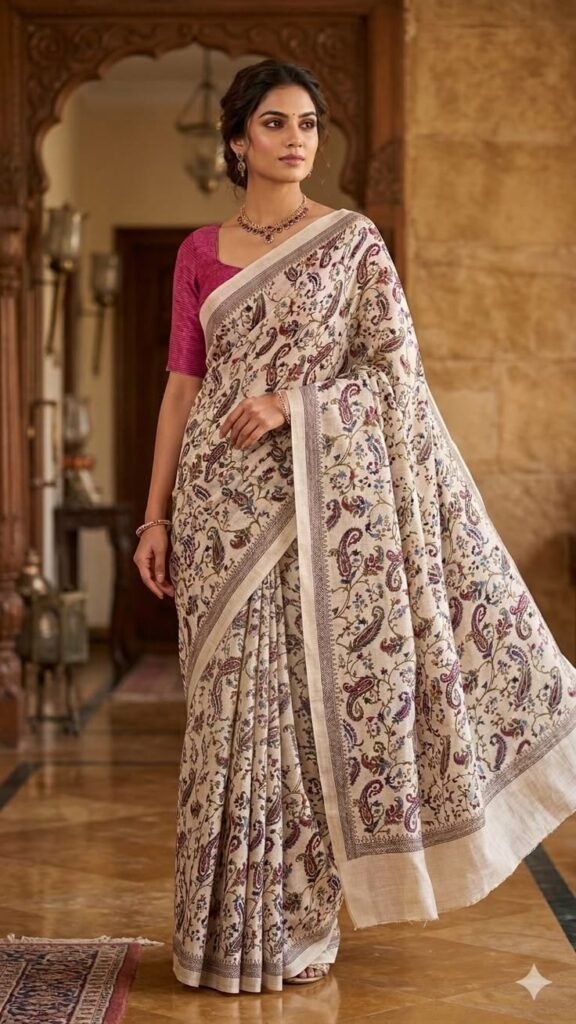 khadi cotton saree with paisley floral block print handwoven indian saree contrast border sustainable fashion