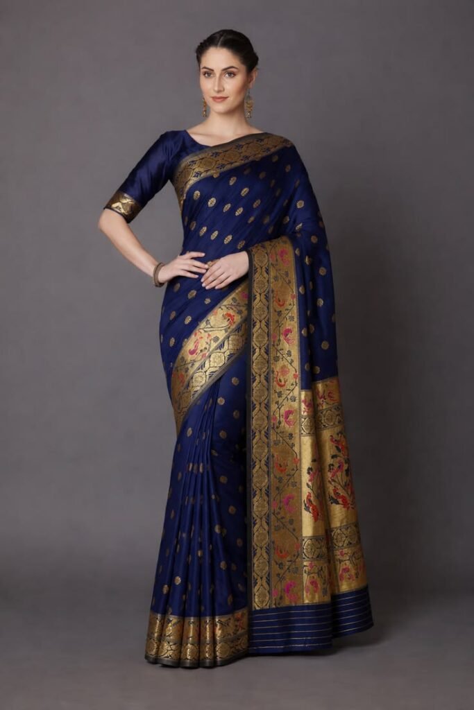 luxury blue silk saree with rich golden border