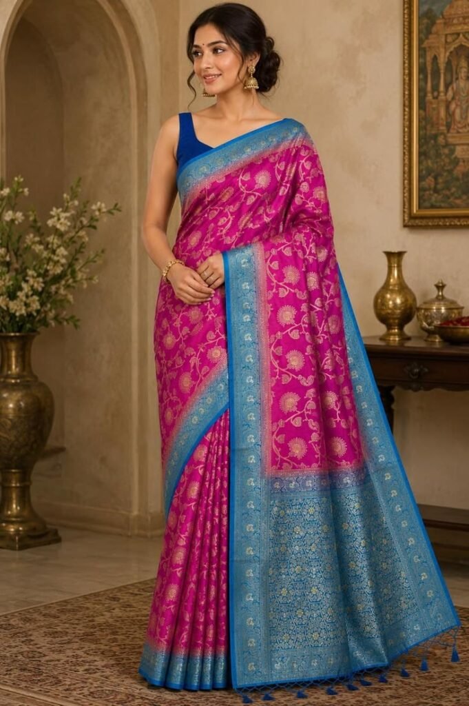 magenta pink dola silk saree with royal blue gold woven border floral ethnic wear