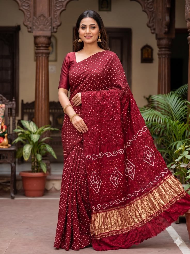 maroon art modal silk bandhej saree with gold tissue border hand tied bandhani patterns