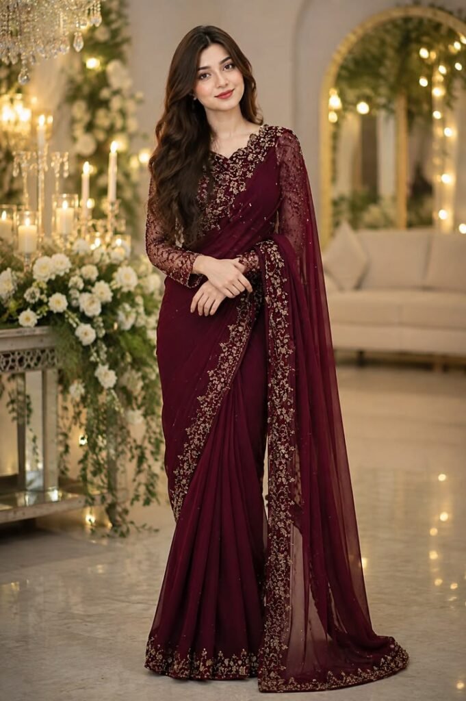 maroon embroidered saree pakistani wedding guest outfit 2026