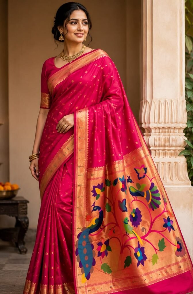 muniya border soft silk paithani in rani pink