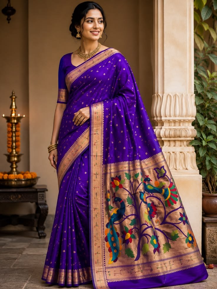 muniya border soft silk paithani purple
