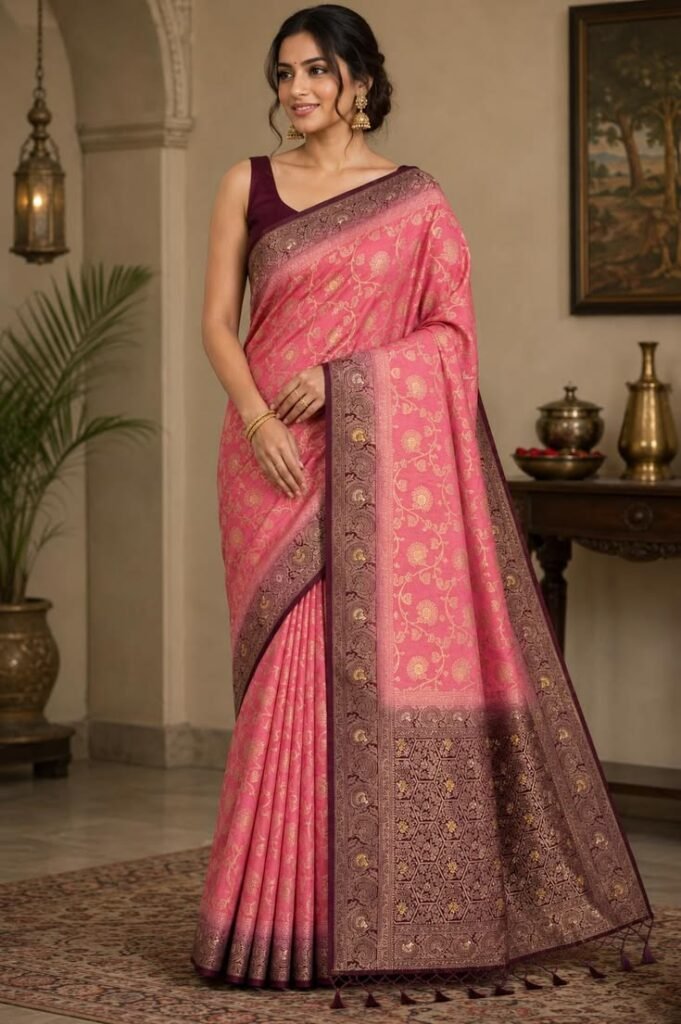 pink dola silk saree with antique gold floral weave, traditional indian wedding wear