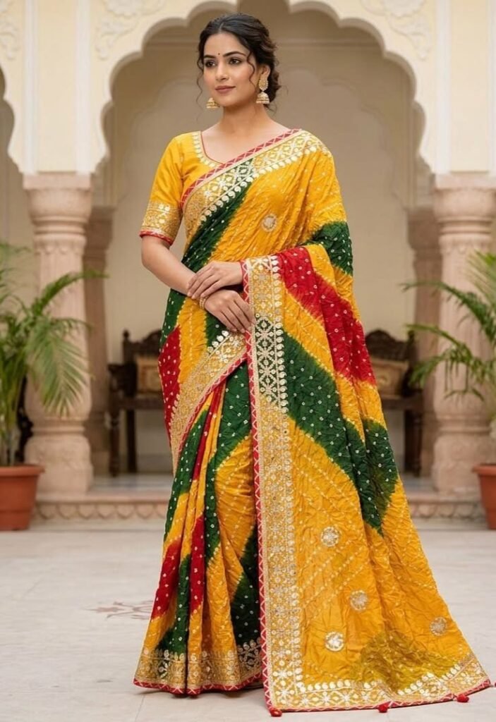 silk bandhani saree multi color gota patti wedding finished with fall pico free necklace